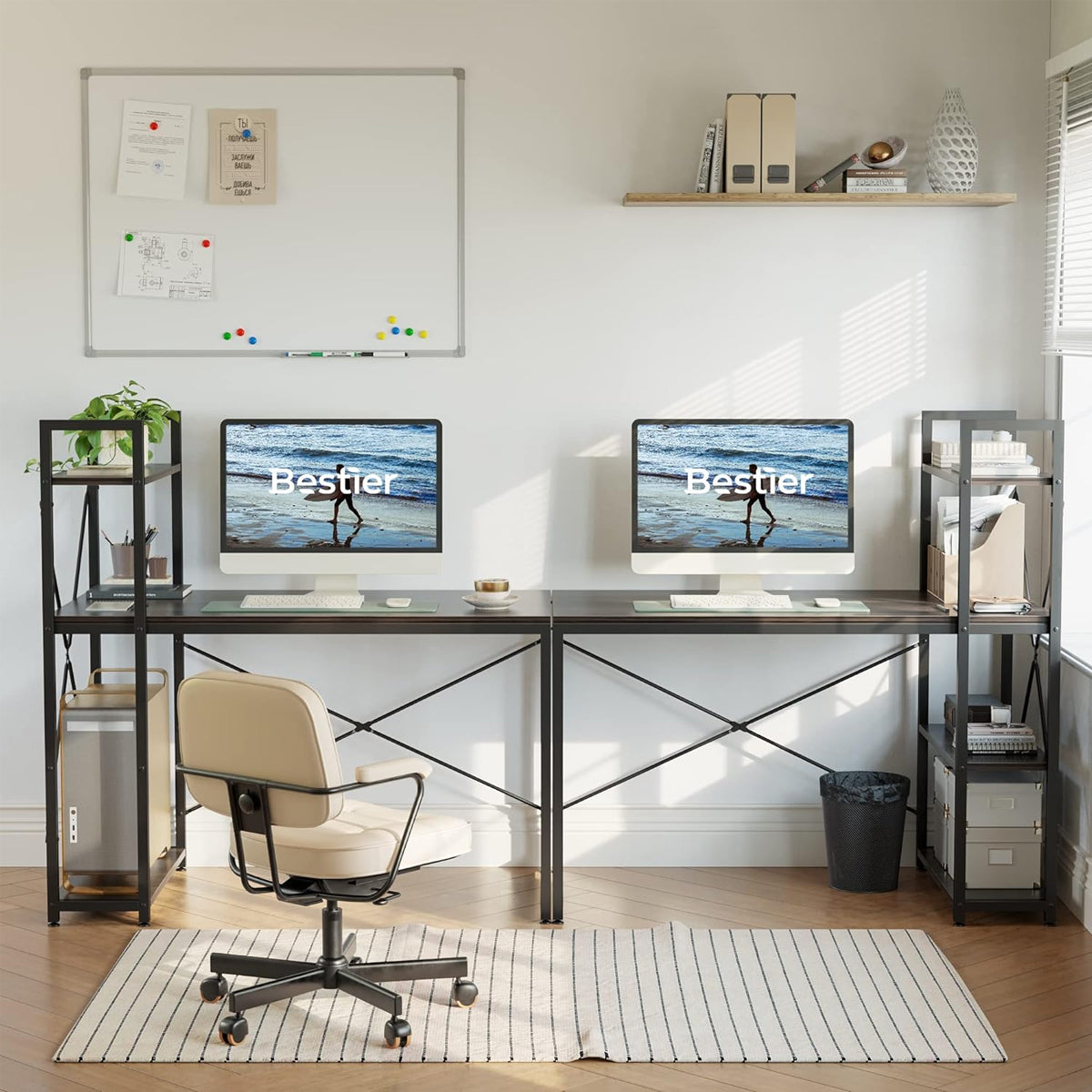 Black Study Desk 120x60x75cm with Side Shelves
