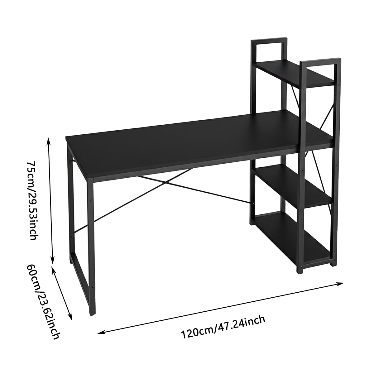 Black Study Desk 120x60x75cm with Side Shelves