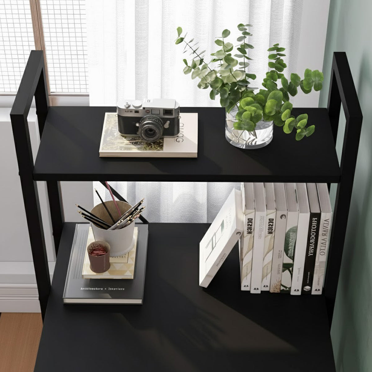 Black Study Desk 120x60x75cm with Side Shelves