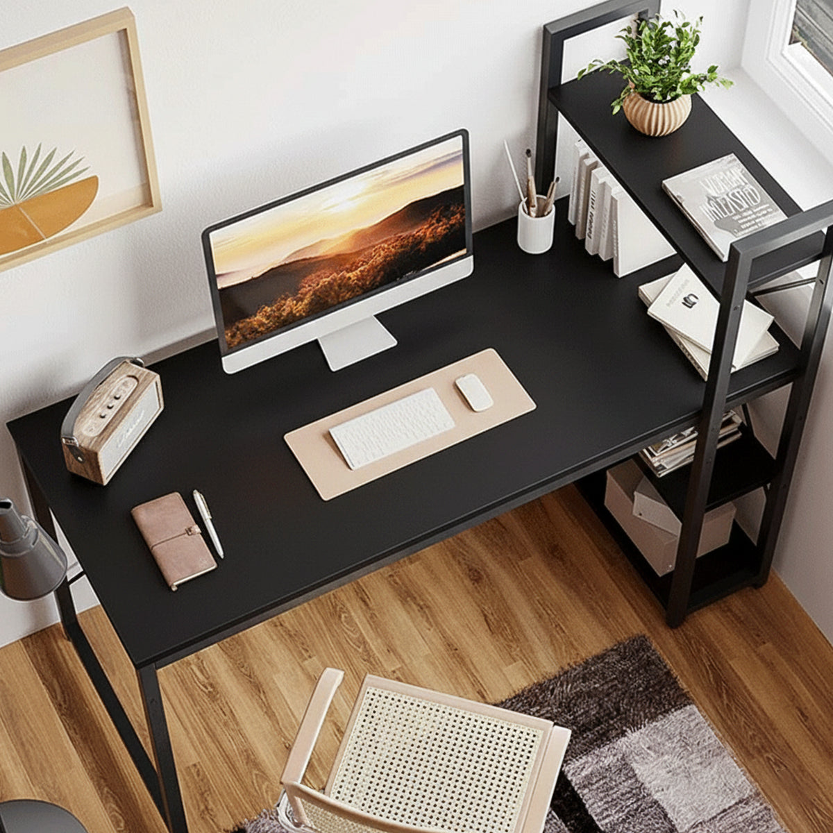 Black Study Desk 120x60x75cm with Side Shelves