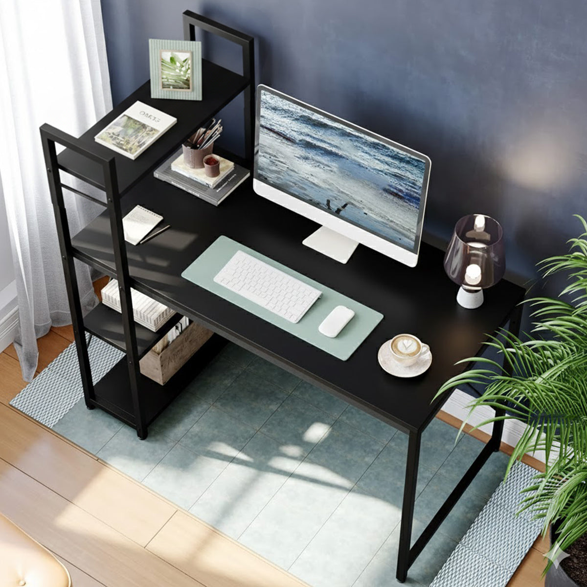 Black Study Desk 120x60x75cm with Side Shelves