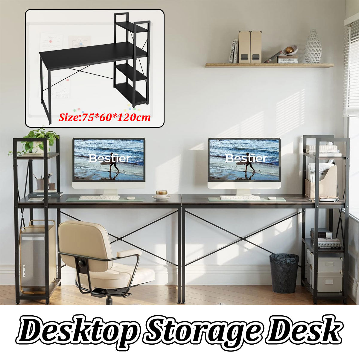 Black Study Desk 120x60x75cm with Side Shelves