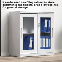 Sliding Door Cabinet with Clear Windows and Lock