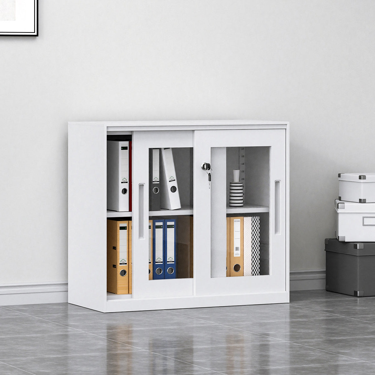 Sliding Door Cabinet with Clear Windows and Lock