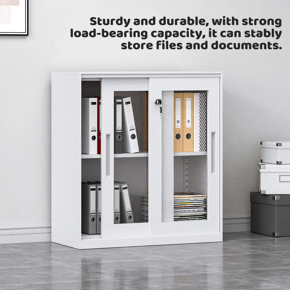 Sliding Door Cabinet with Clear Windows and Lock