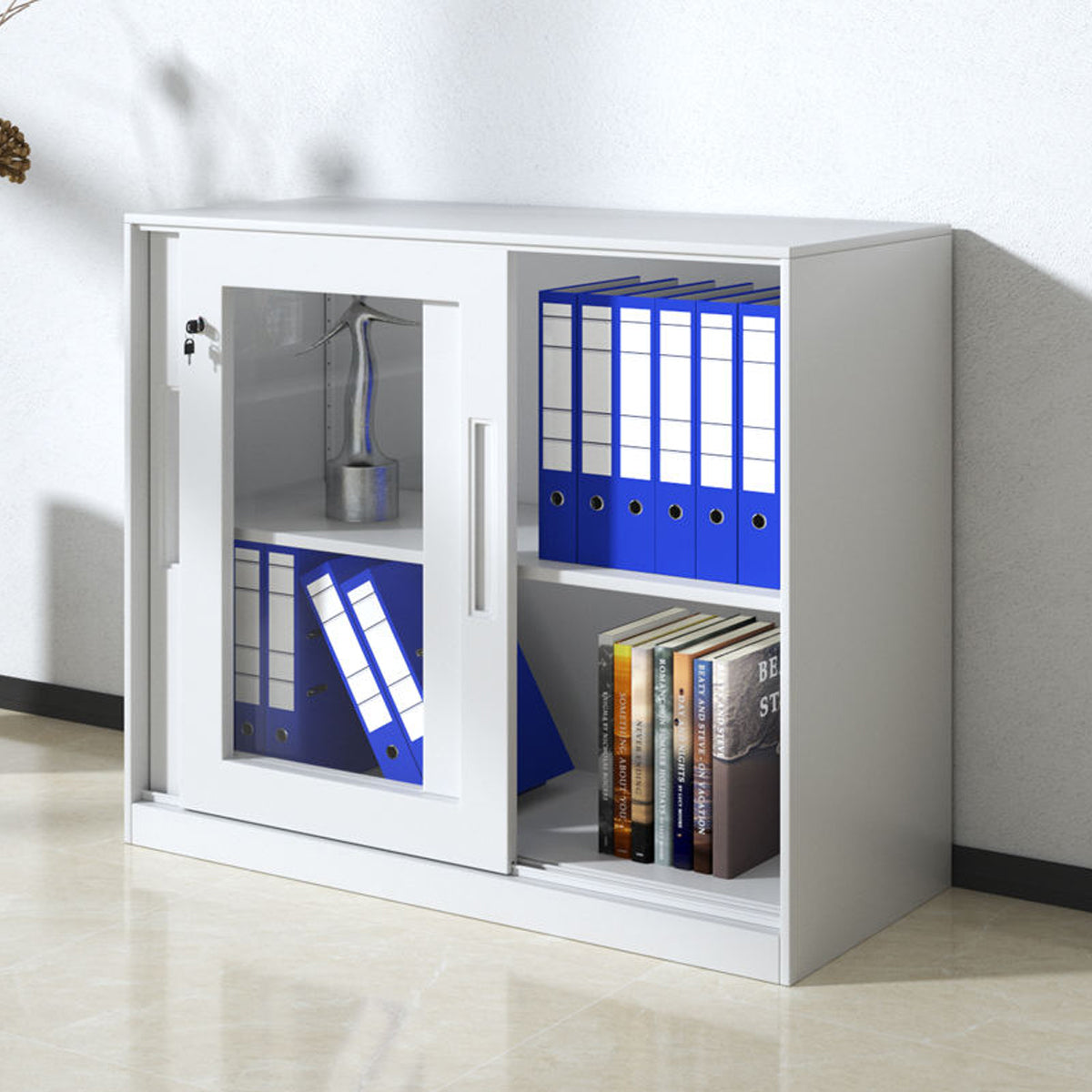 Sliding Door Cabinet with Clear Windows and Lock
