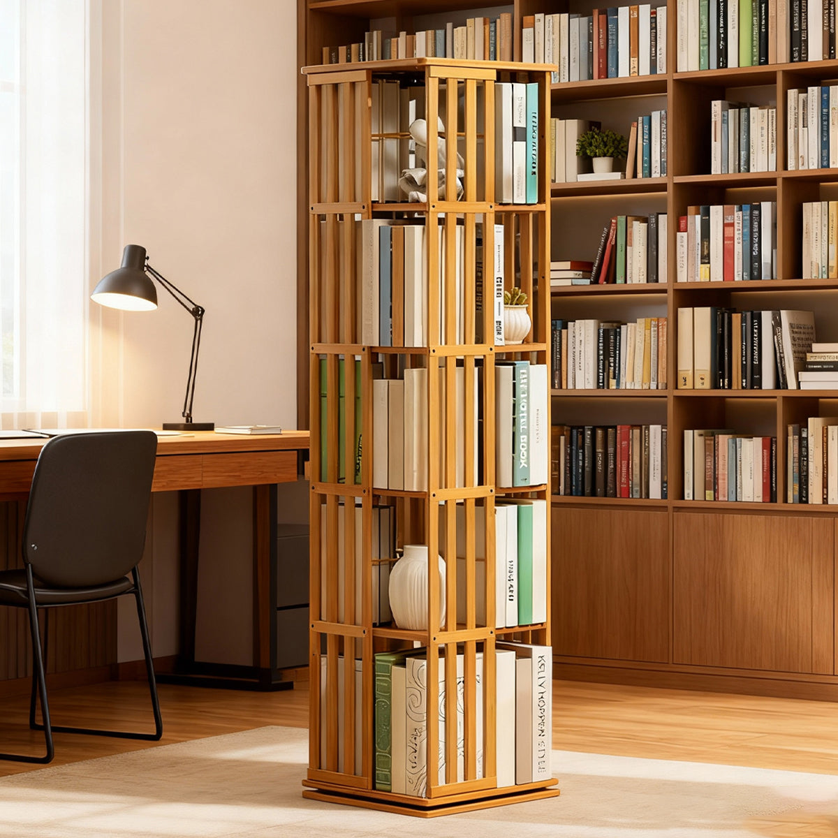 Spinning Bamboo Bookcase with Removable Bookends