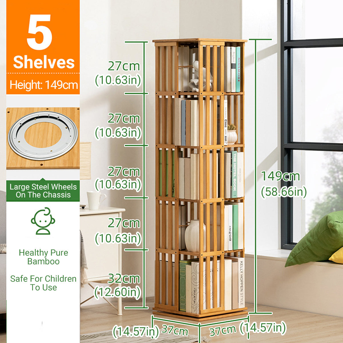 Spinning Bamboo Bookcase with Removable Bookends
