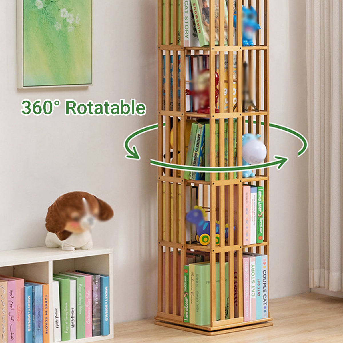 Spinning Bamboo Bookcase with Removable Bookends