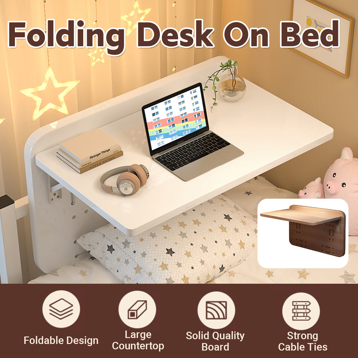 Cable-Tie Bed Mount Table 75x30cm with Wood Top