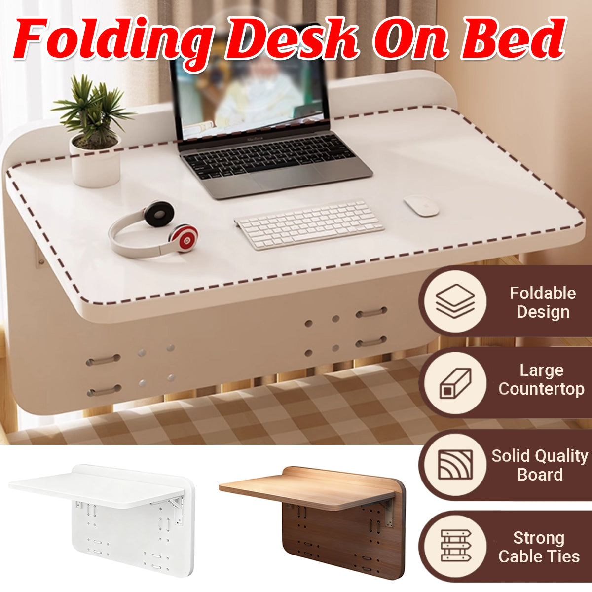Cable-Tie Bed Mount Table 75x30cm with Wood Top