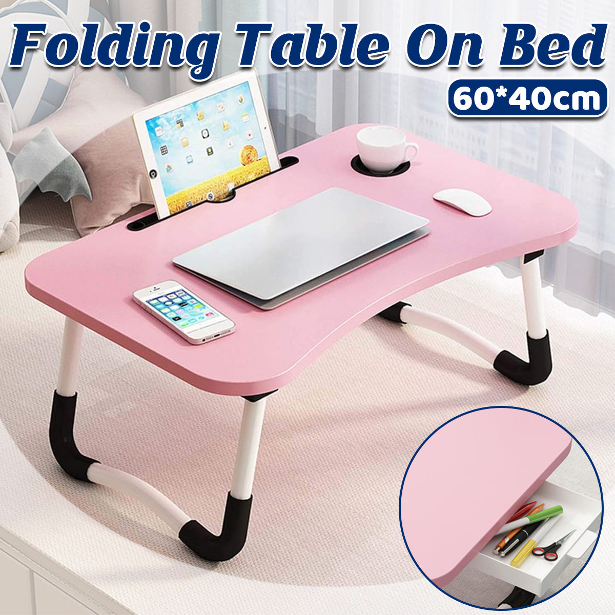 Pink Overbed Tray Table with W-Legs and Drawer