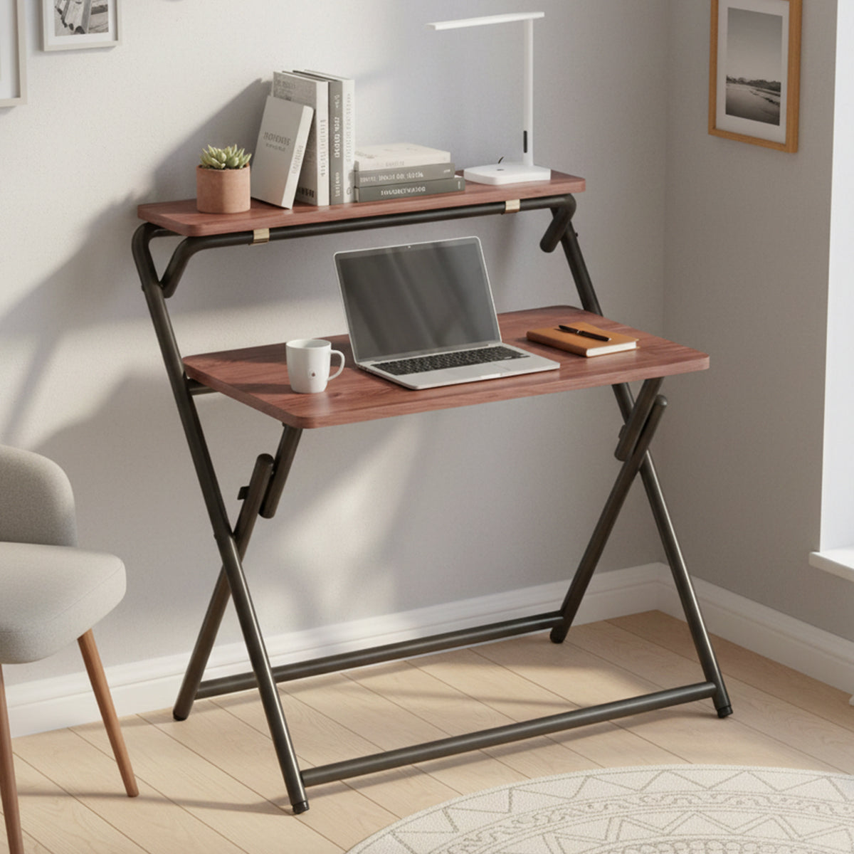 Folding Two-Tier Desk with Warm Wood Surface