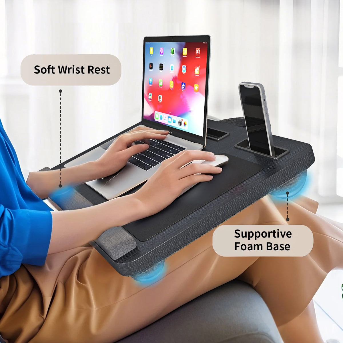 Lap Tray Table with Handle and Cushioned Base