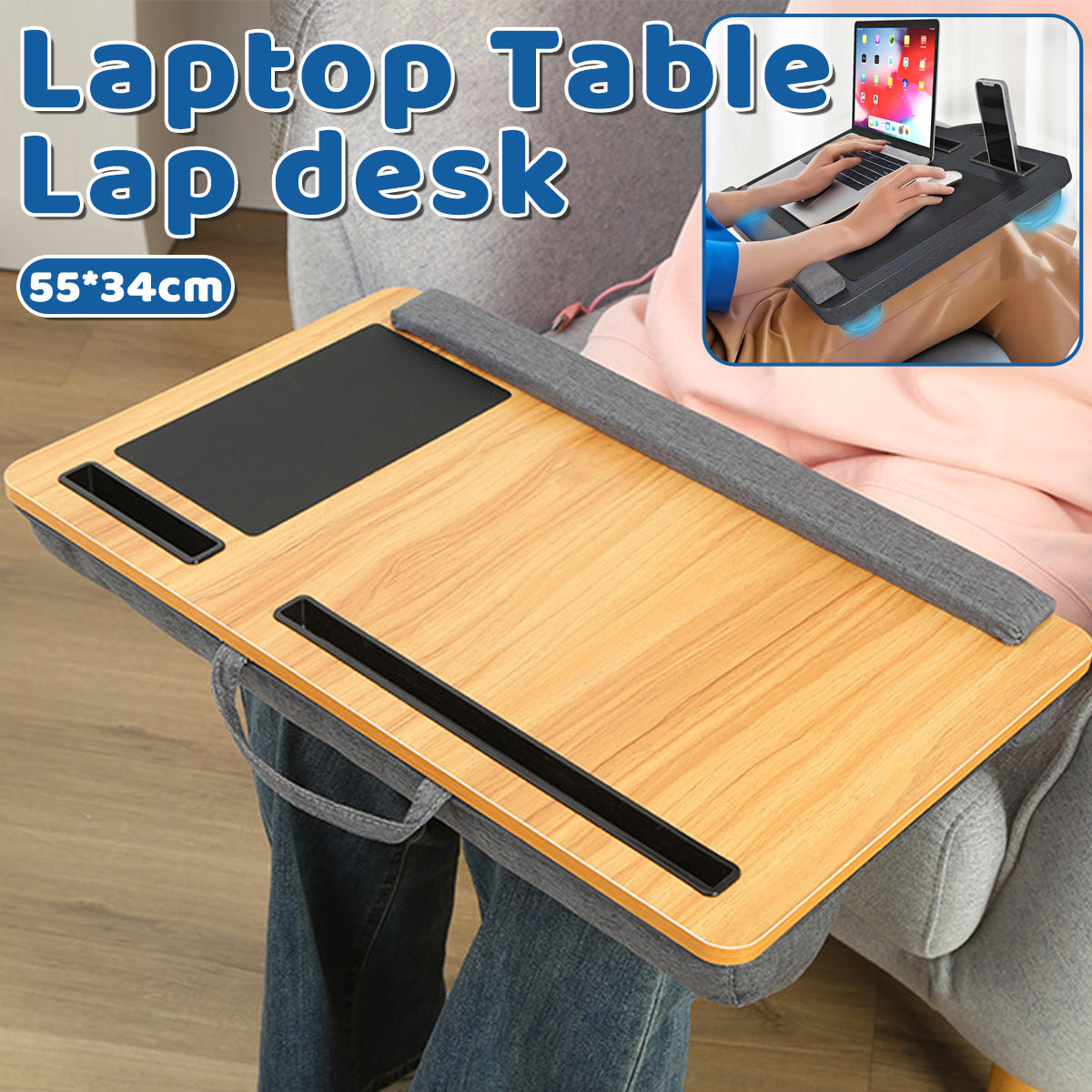 Lap Tray Table with Handle and Cushioned Base