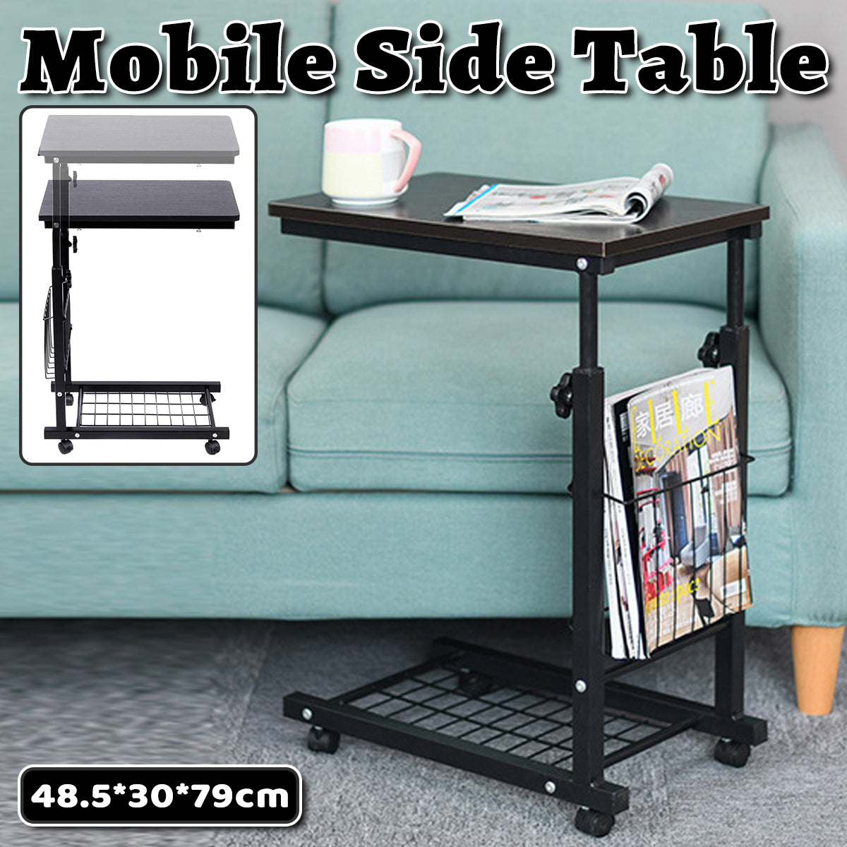 Rolling Side Table with Steel Frame and Basket