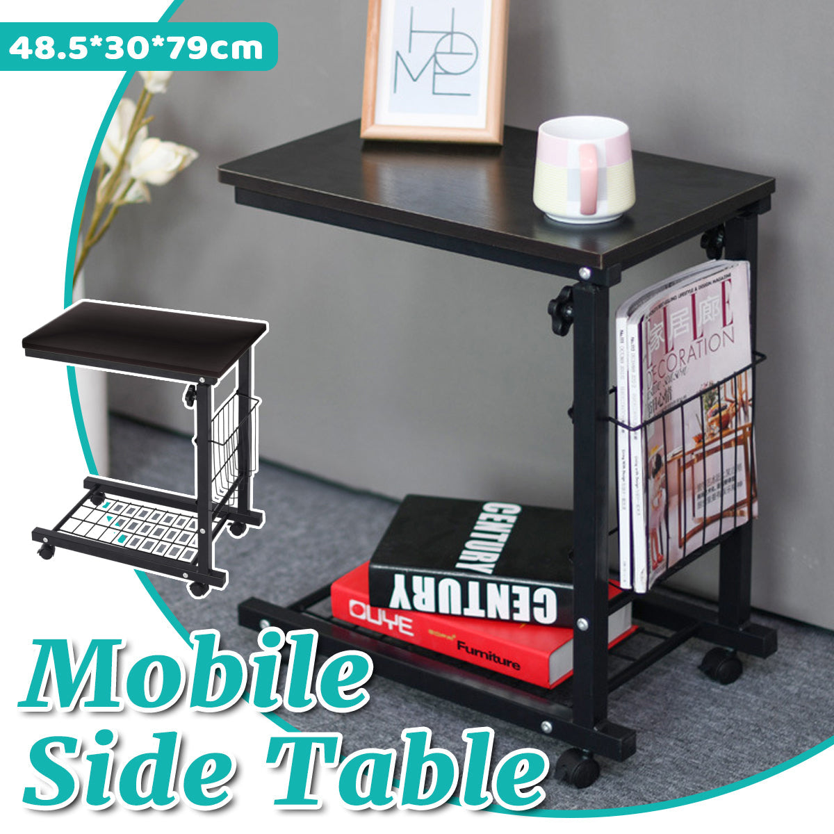 Rolling Side Table with Steel Frame and Basket