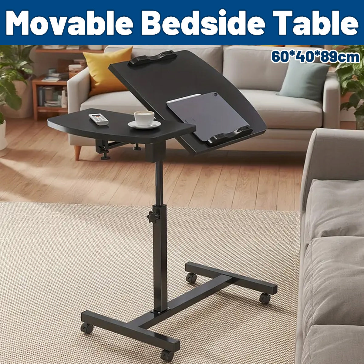 Rolling Bedside Tray Table with 90-Degree Top