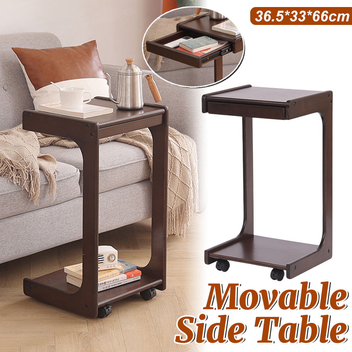 Solid Wood C-Shape Coffee Table with Drawer