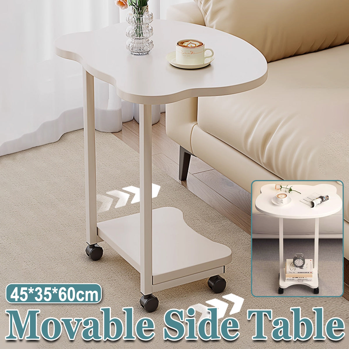 Embedded Sofa Side Table with Rolling Wheels