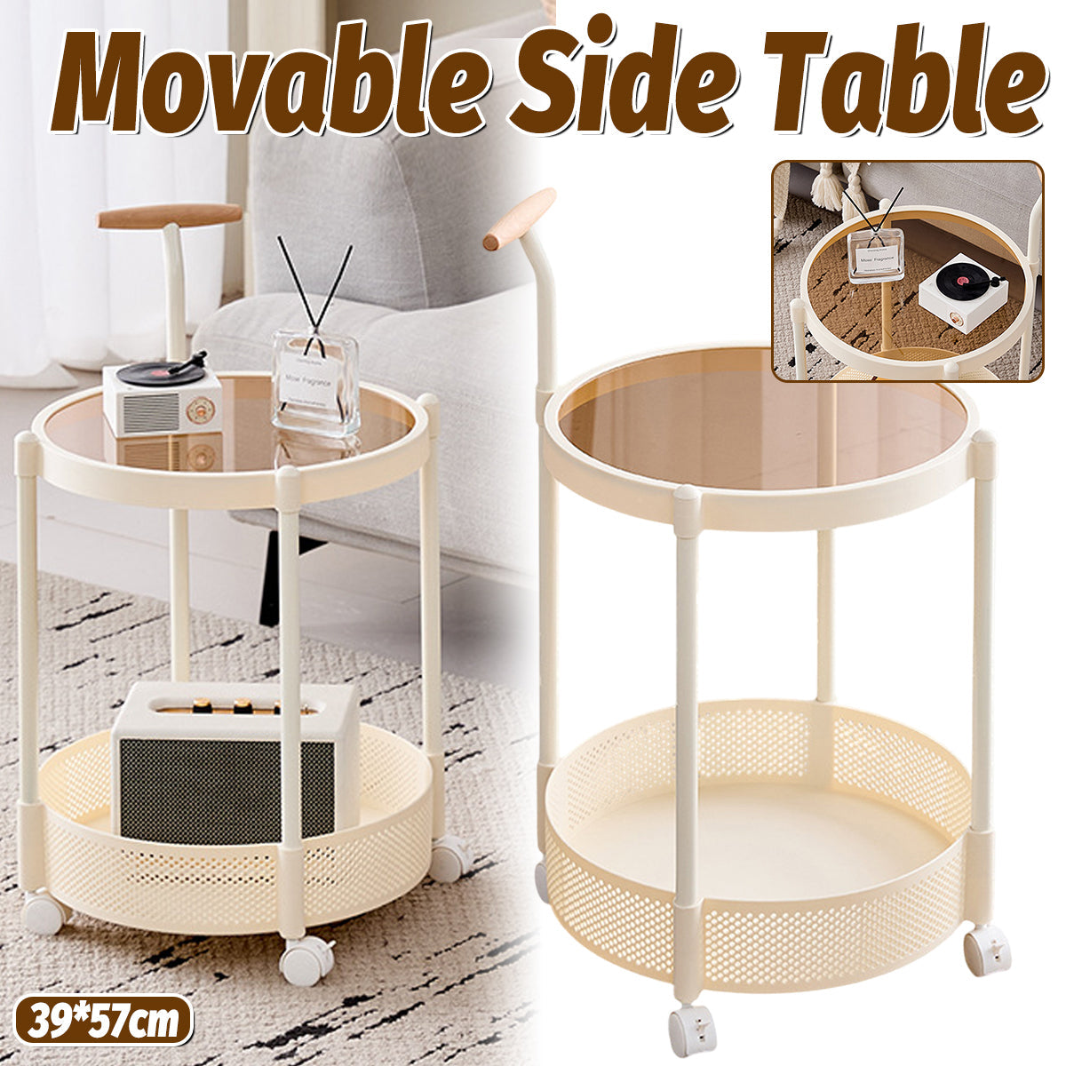Glass Top Rolling Side Table with Mesh Lower Shelf