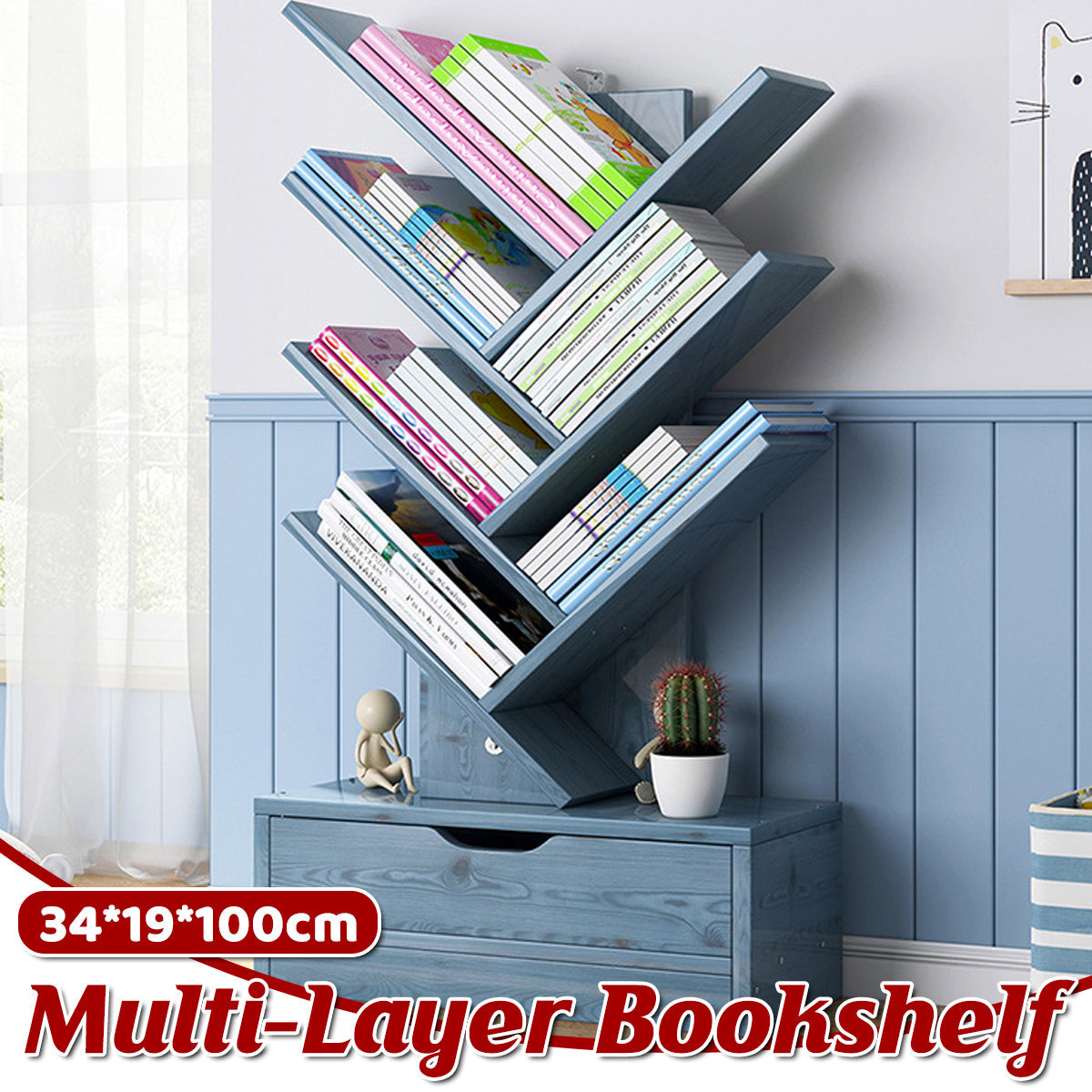 Tree-Shape Wood Bookcase with Slanted Shelves