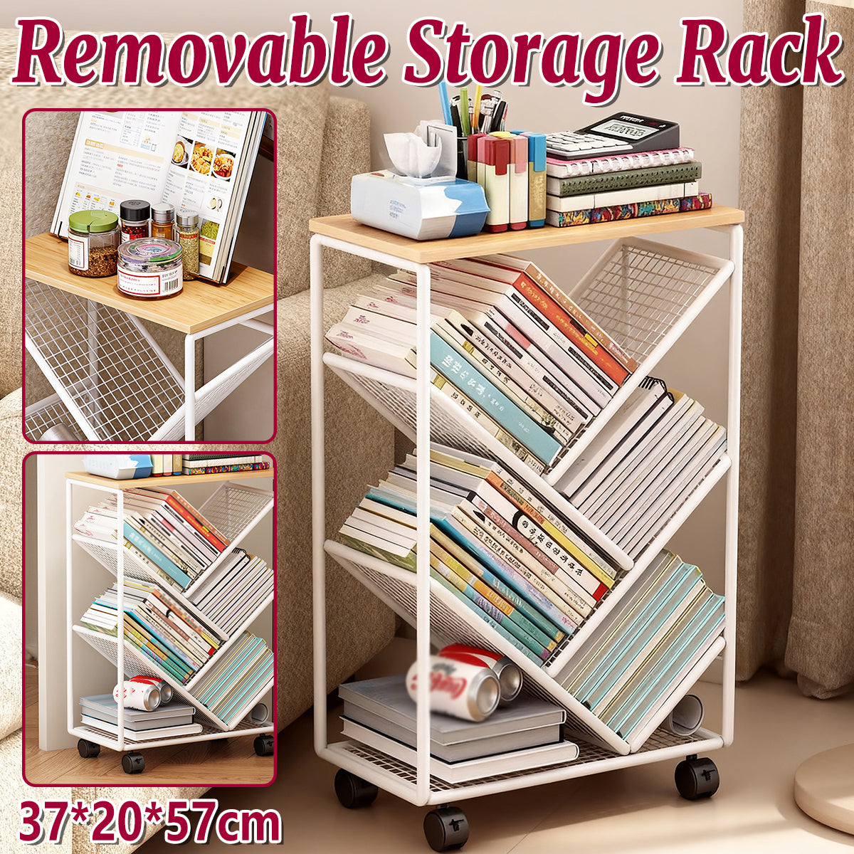 Compact Rolling Bookcase with Countertop Top