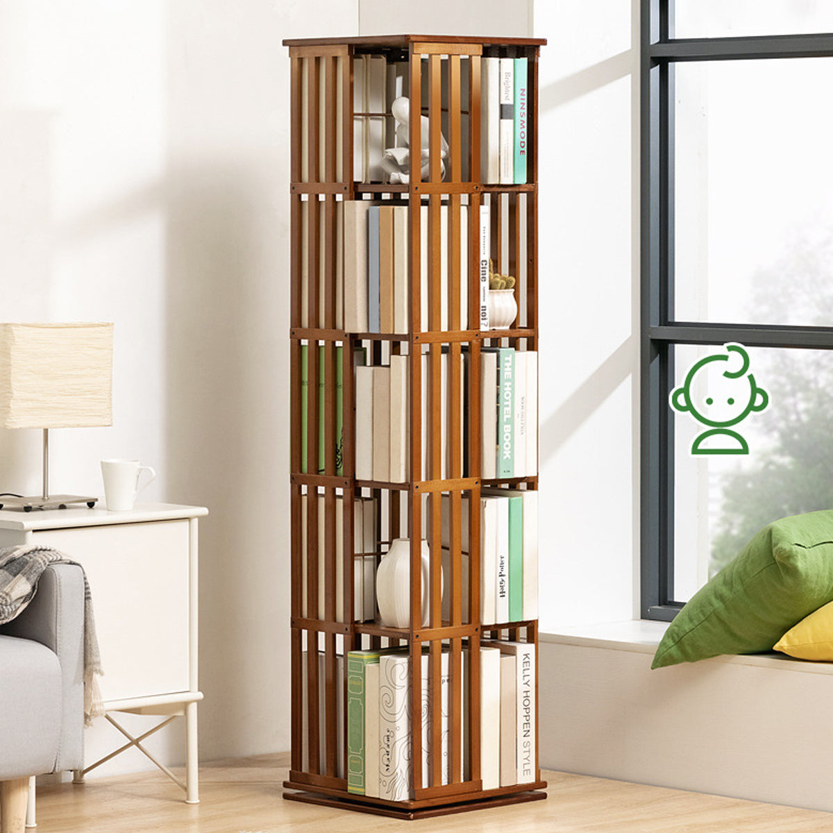 Spinning Bamboo Bookcase with Removable Bookends