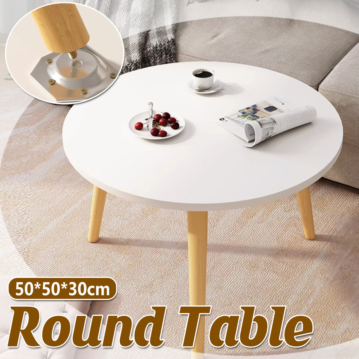 Round Sofa End Table 50x30cm with Wood Legs