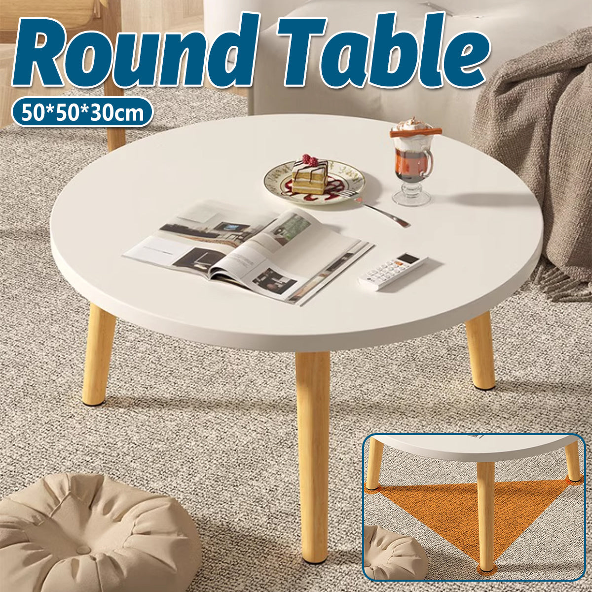 Round Sofa End Table 50x30cm with Wood Legs
