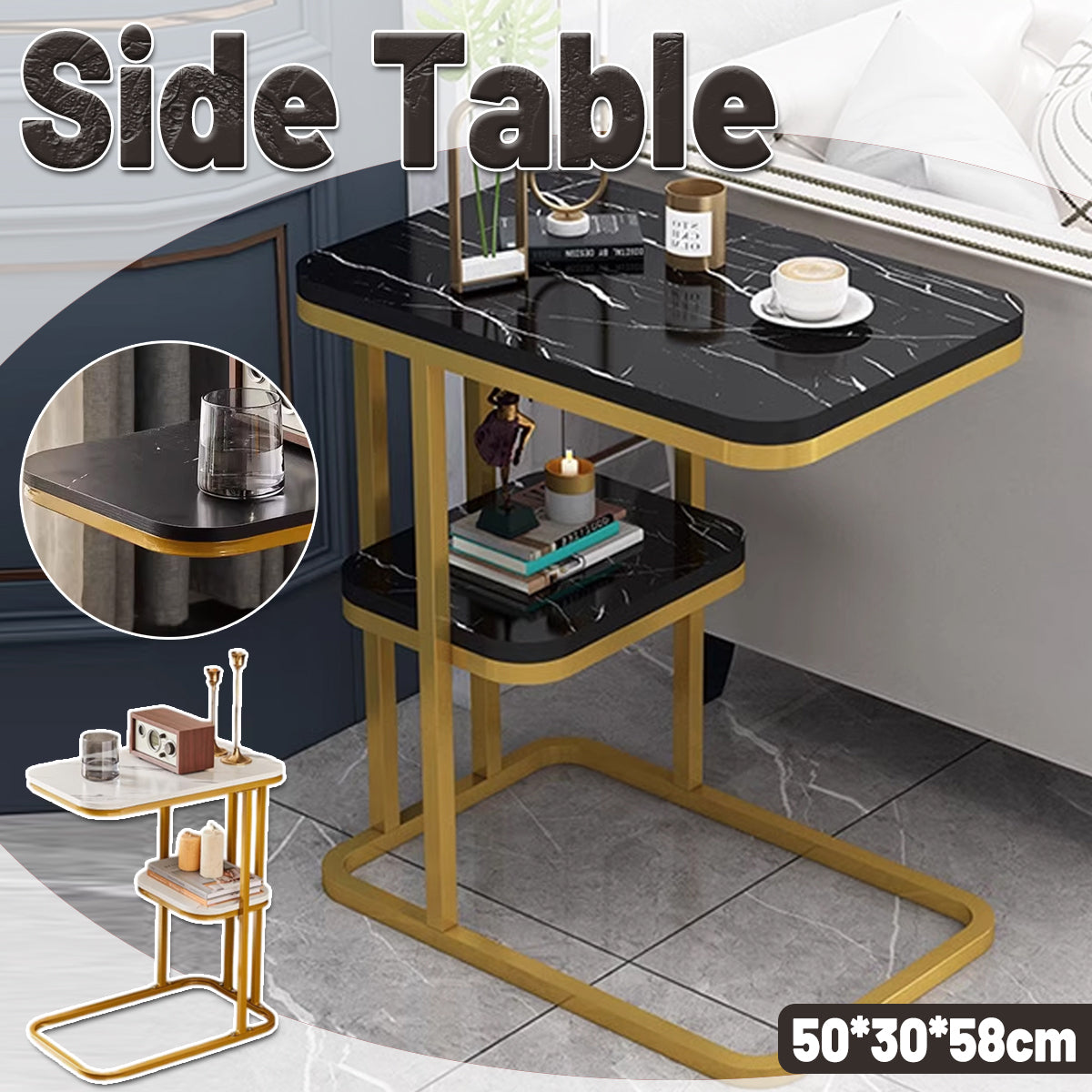 Two-Tier End Table with Marble Top Gold Frame