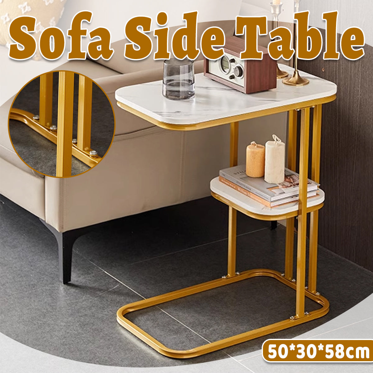 Two-Tier Sofa Side Table with Marble Look Top