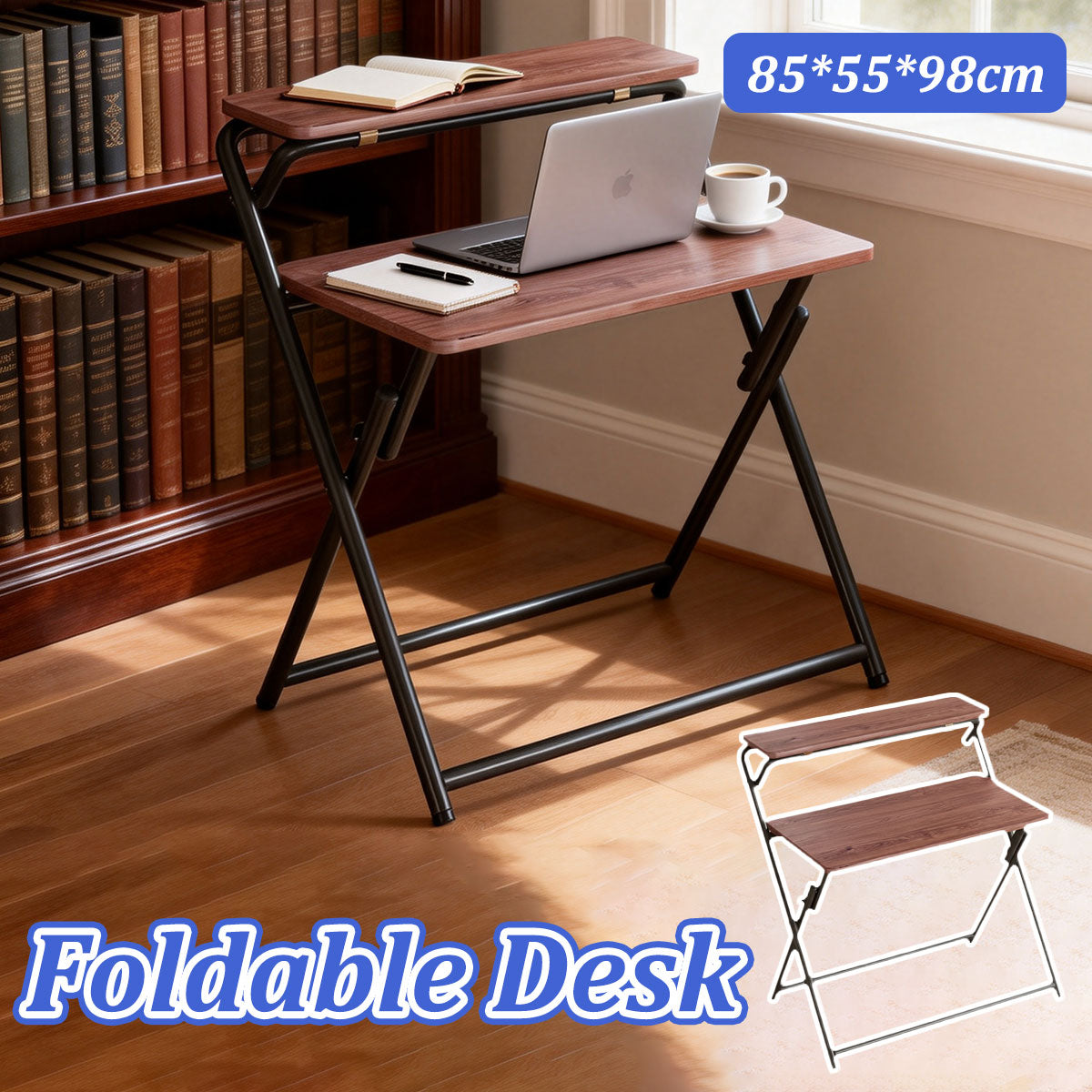 Folding Two-Tier Desk with Warm Wood Surface