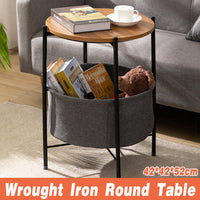 Round Side Table with Basket and Wood Top