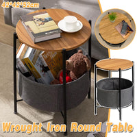 Round Side Table with Basket and Wood Top