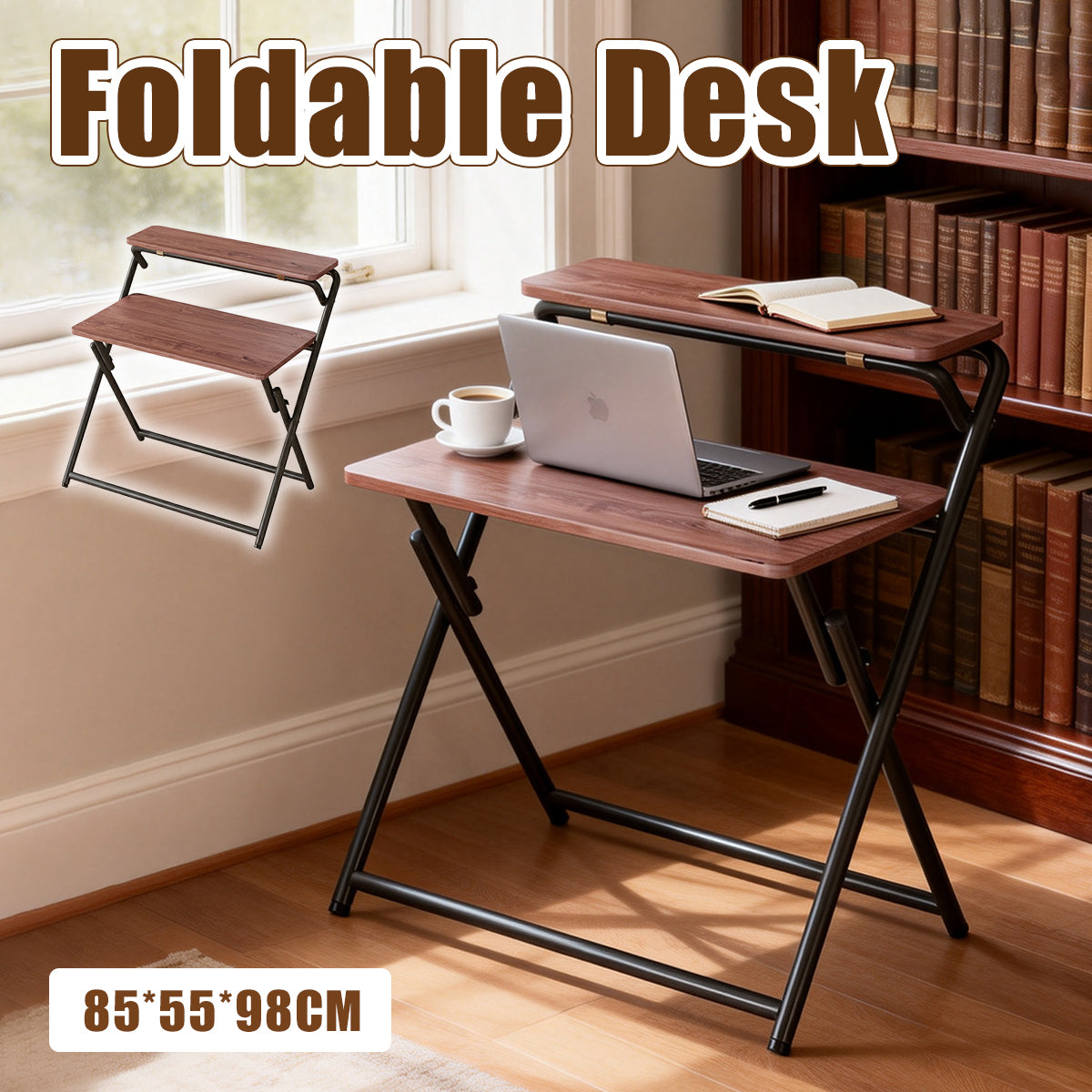 Folding Two-Tier Desk with Warm Wood Surface