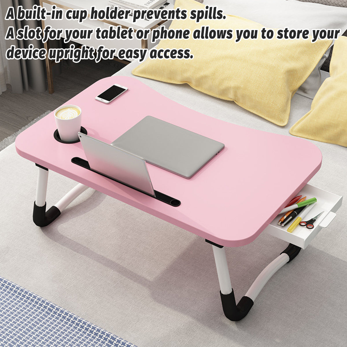 Pink Overbed Tray Table with W-Legs and Drawer