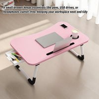 Pink Overbed Tray Table with W-Legs and Drawer