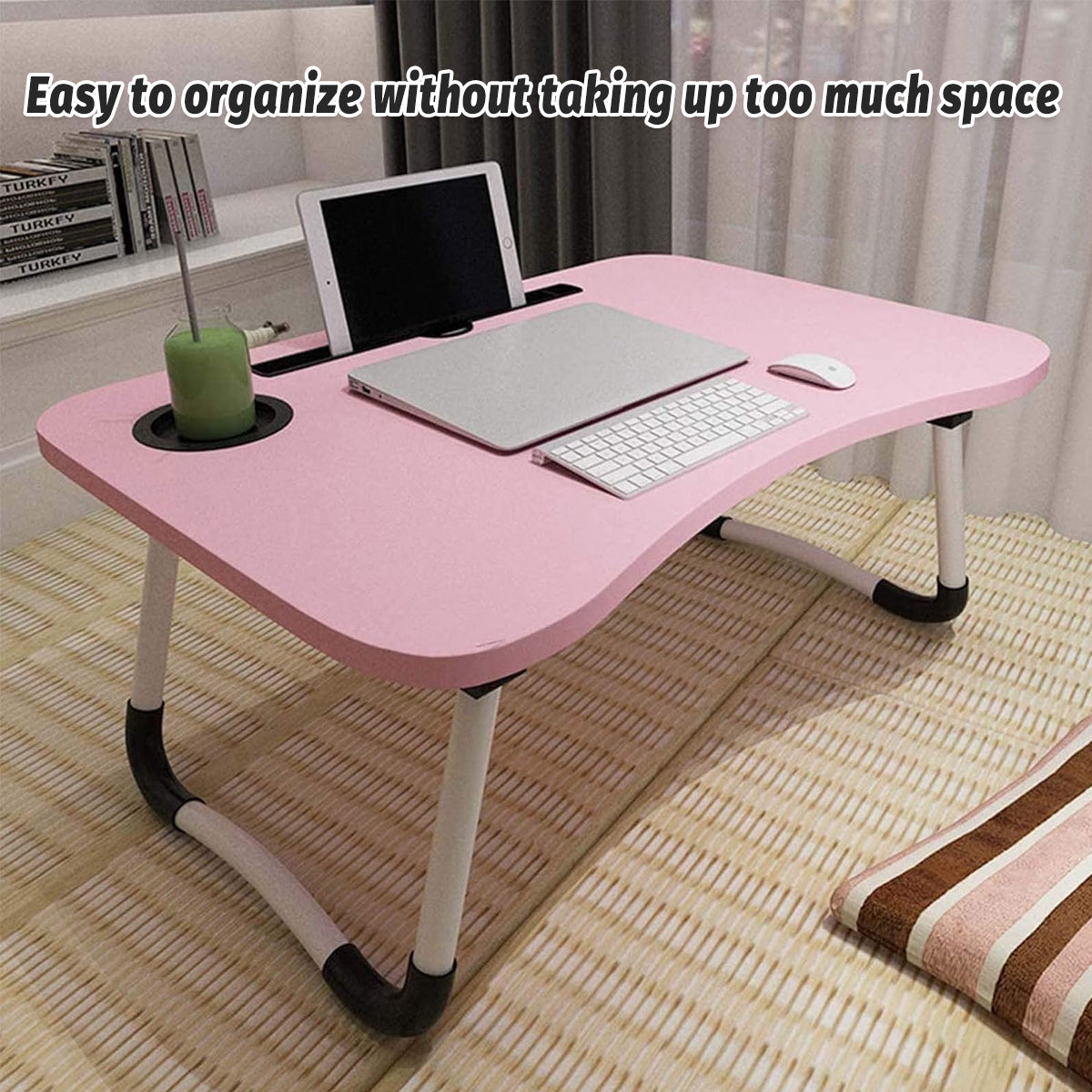 Pink Overbed Tray Table with W-Legs and Drawer