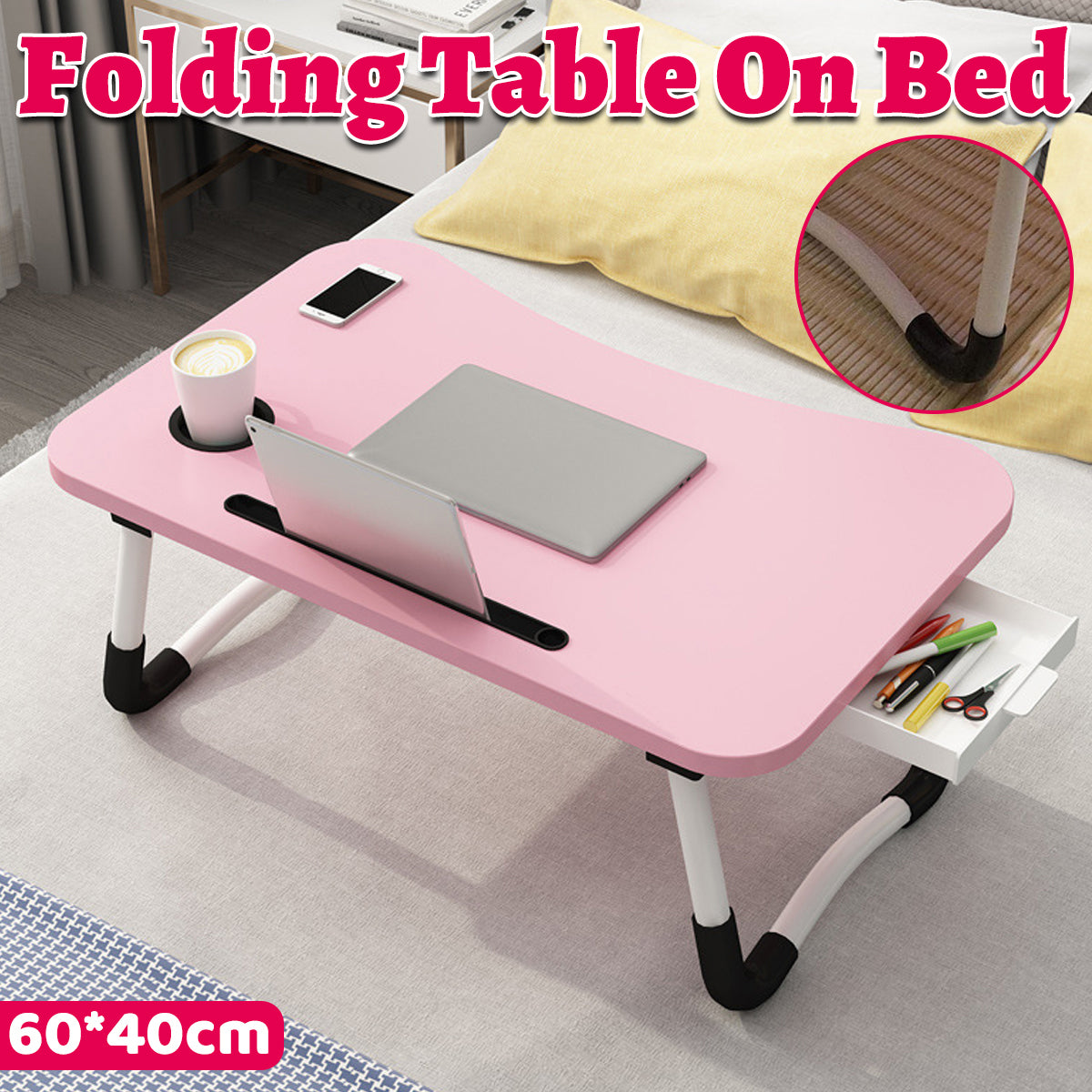 Pink Overbed Tray Table with W-Legs and Drawer