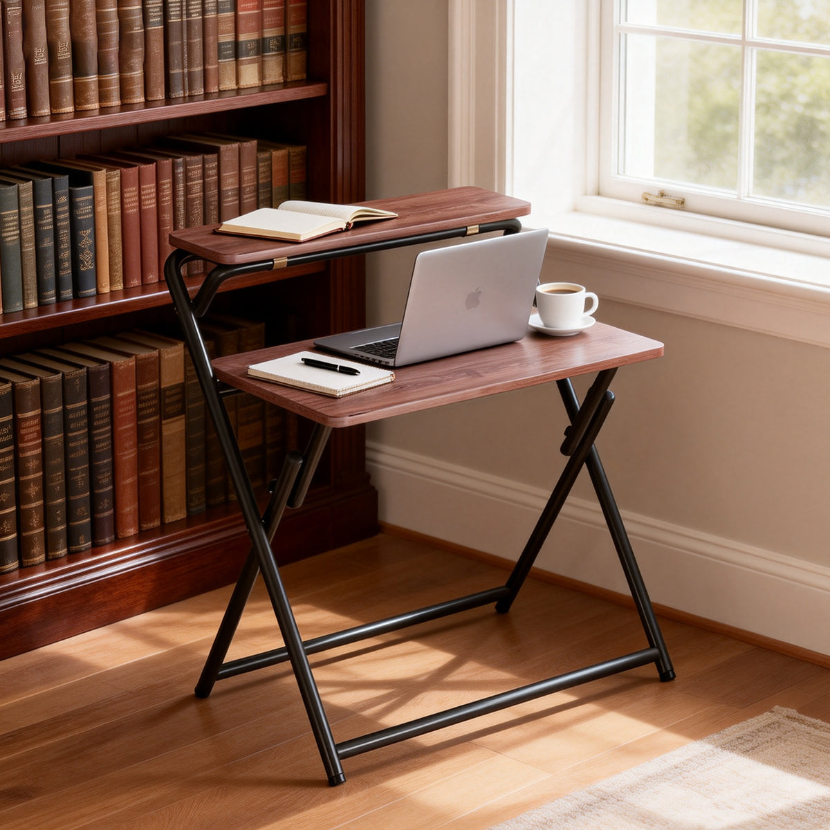 Folding Two-Tier Desk with Warm Wood Surface