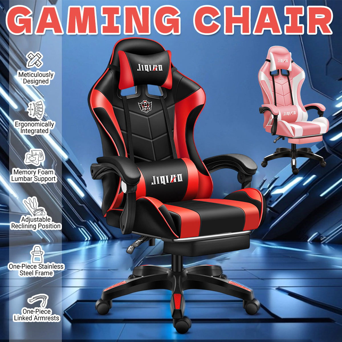 Gaming Recliner in PU Leather with Lumbar Pillow