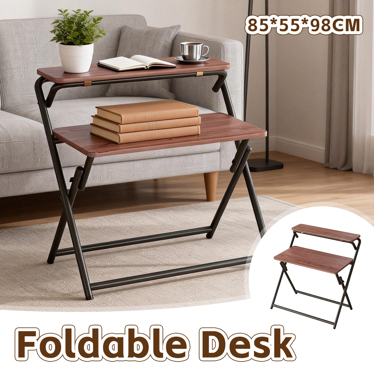 Folding Two-Tier Desk with Warm Wood Surface