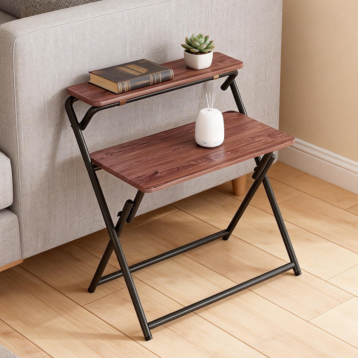 Folding Two-Tier Desk with Warm Wood Surface